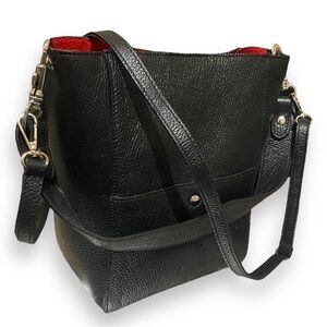 BORSE IN PELLE Leather Tote Shoulder Bag Black 2Pc
